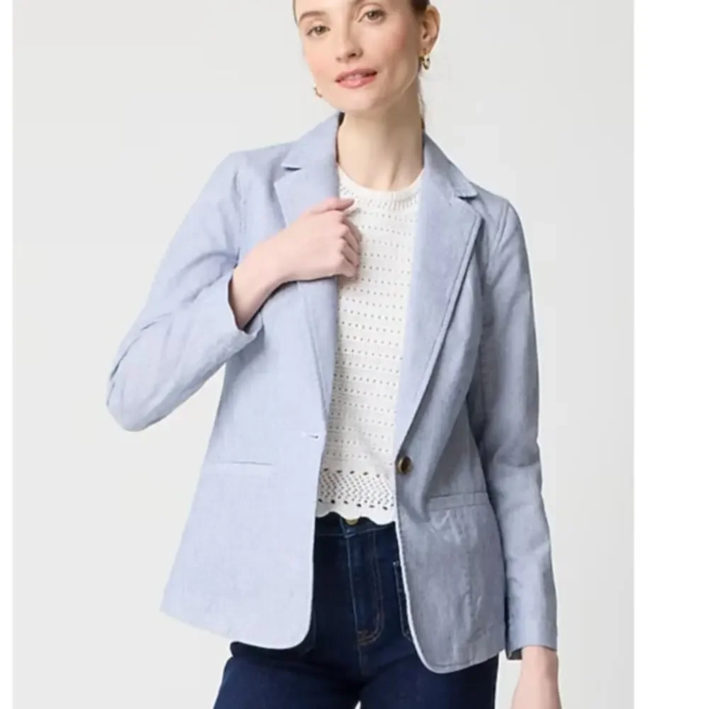 J.Crew Petite Linen-Blend One-Button Blazer WMNS 4P Blue Lined Long Sleeve Notch